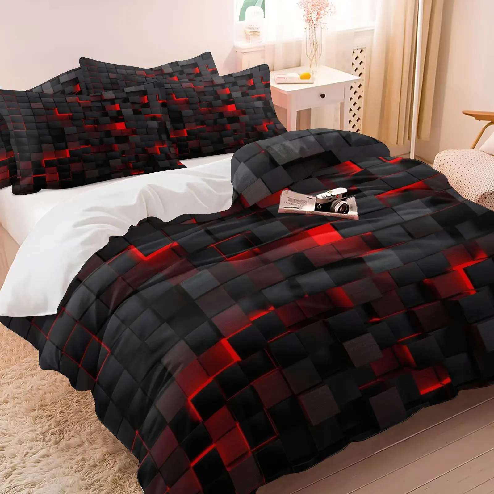 3D Red Black Cube Duvet Cover Sets,Cyberpunk Gamer Print Bedding Sets,Includes 1 Duvet Cover & 1-2 Pillowcases,Soft Breathable Bedding for Gamer Bedroom,Man Cave & Dorm,Perfect Gift for Gaming Fans & Teens