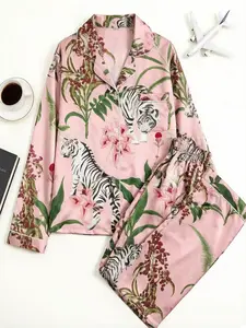 Women's Two-Piece Tiger Sleepwear, Loungewear, Pajama Set, Long Sleeve Open Front Cardigan & Pants, Casual Home Wear, All Seasons, Slim-Fitting