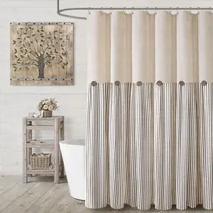 Beige Linen Farmhouse Shower Curtain, Button Woven Fabric, Country Rustic Western Style, Pleated Brown Stripe, 72" W x 72" L