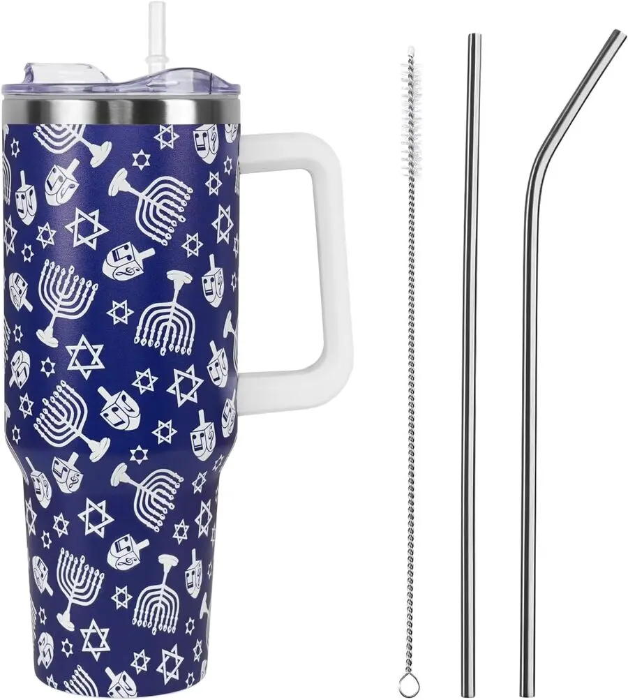 40oz Reusable Stainless Steel Hanukkah Tumbler - Double-Wall Vac. Insulation, Thermal, Leak-Proof, Handle & Straw Lid - Kitchenware Drinkware for Parents, Children - Cute Blue Winter Holiday Coffee Mug (Fits Fitness Equipment), Sisters