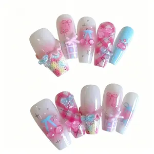 10 Pieces Acrylic Press on Nails, Coffin-Shaped Fake Nails, DIY Nail Supplies, Valentine's Day Gifts, Romantic Cherry Nails, Wedding Nails, Nail Art Supplies