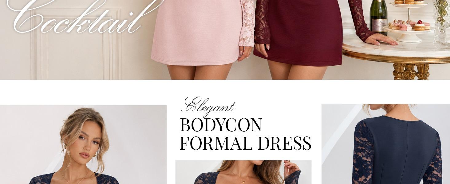 MEROKEETY Women's Square Neck Lace Long Sleeve Mini Dress Fall Bodycon Cocktail Wedding Guest Formal Short Dresses