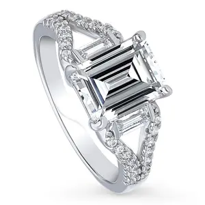 BERRICLE Sterling Silver Solitaire Wedding Engagement Rings Split Shank Ring for Women, 2.6 Carat Step Emerald Cut Cubic Zirconia CZ