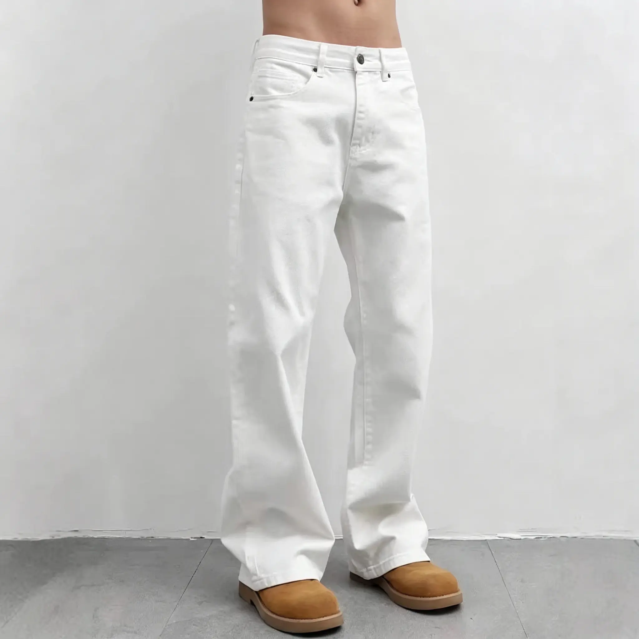 Men's Minimalist White Wide-Leg Premium Stretch Cotton Denim Mid-Rise Casual Straight Jeans - Versatile for Daily Wear