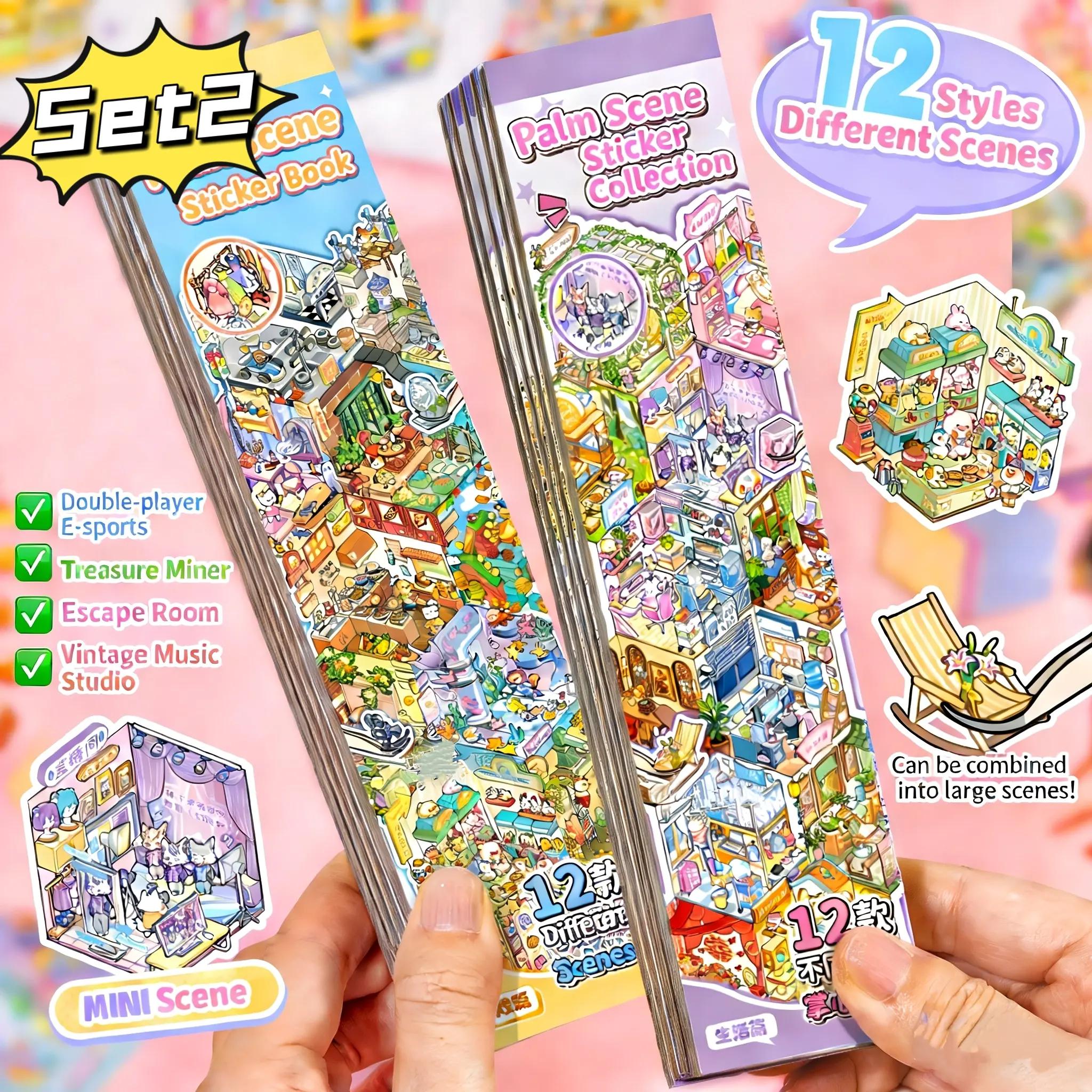[Mini Sticker Scene Collection List] Handheld Sticker Scene Books, Tweezer and Freebie Included | Perfect for Travel, Portable Mini Pocket Book, Friendly to Freshmen and ADHD, DIY Cute Sticker Pack, Festival Gift for Girls, New Hobby Developed