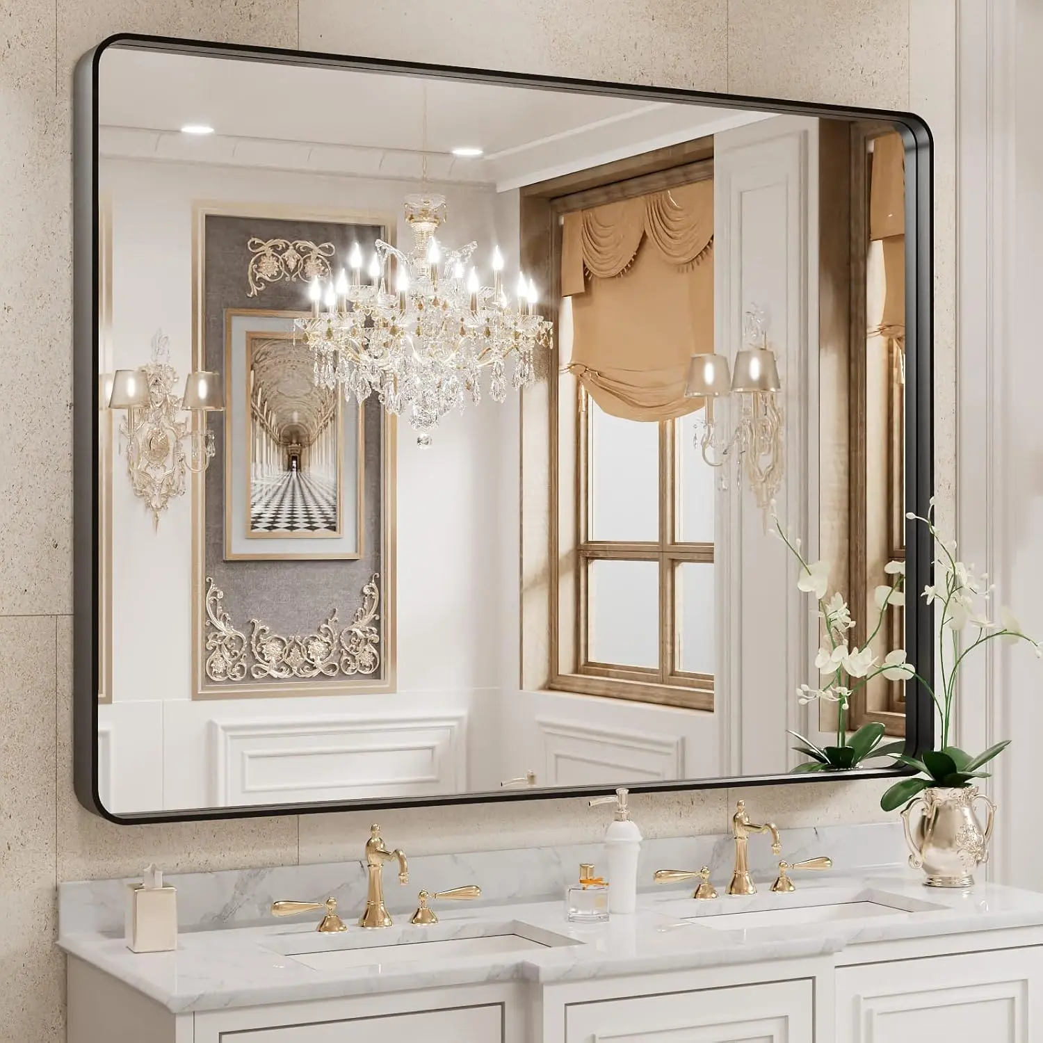 Luxury 40x30 Inch Matte Black Bathroom Mirror - Farmhouse Rounded Rectangle, Rust-Proof Metal Frame, Tempered Glass, Dual Hanging (Horizontal/Vertical)
