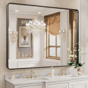 Luxury 40x30 Inch Matte Black Bathroom Mirror - Farmhouse Rounded Rectangle, Rust-Proof Metal Frame, Tempered Glass, Dual Hanging (Horizontal/Vertical)