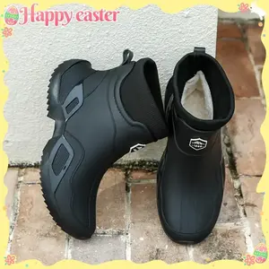 [Warm Rain Boots] Winter Warm Unisex Fleece-Lined Boots | Slip-Resistant High Quality PVC with Adjustable Straps & Cushioned Sole for Fishing, Kitchen, Outdoor - Black, Kitchen Shoes Secure Fit Strap Shoes,