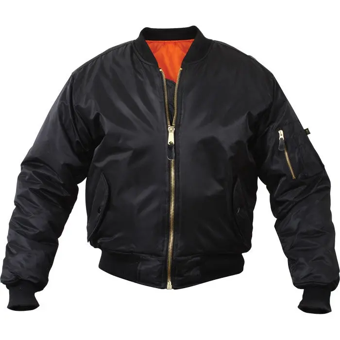 Men's Classic MA-1 Flight Jacket - Reversible Water Repellent Nylon Shell Bomber Coat with Ribbed Trim, Pockets, Polyester Lining, Utility Zippers, Leather Accents, Casual Menswear Top