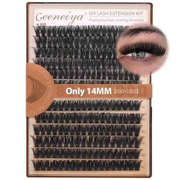 Geeneiya 14MM Volume Lash Clusters Kit DIY Lash Extension Kit D Curl Eyelash Extensions with Waterproof Lash Bond and Seal Waterproof Tweezers, Only 14MM, 80D+100D