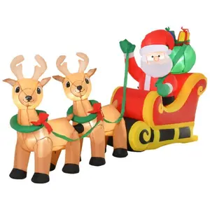 HOMCOM 8ft Long Christmas Inflatable Santa Claus with Sleigh and Reindeer Outdoor Blow-Up Yard Decoration with LED Lights Display