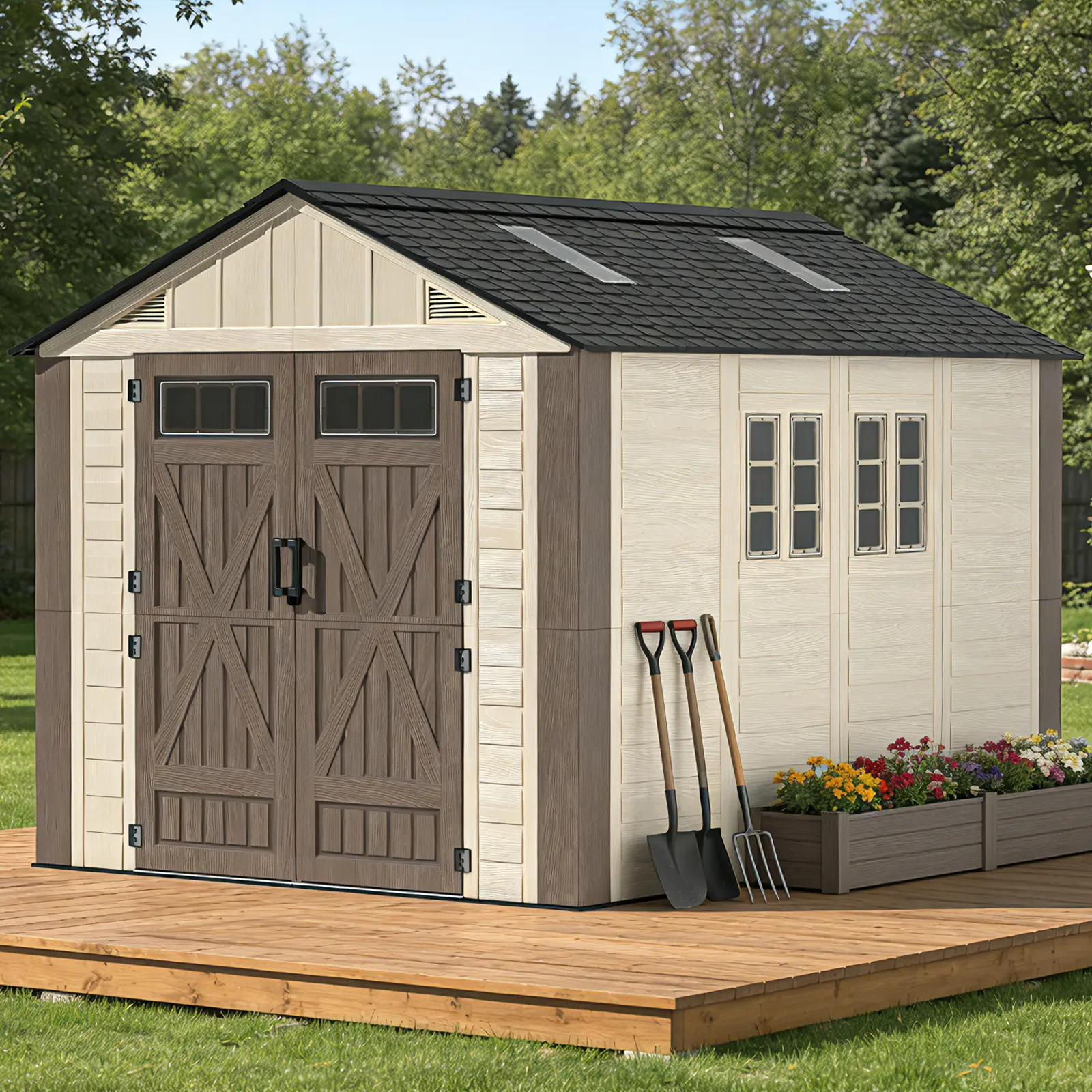 IWDOO 8x10 ft Heavy-Duty HDPE Plastic Outdoor Storage Shed, All-Seasons Garden Building with Built-in Floor, Lockable Doors, Efficient Ventilation, Waterproof, Sun Protection & Easy Maintenance for Backyard Lawn, Farm Storage, Gardening