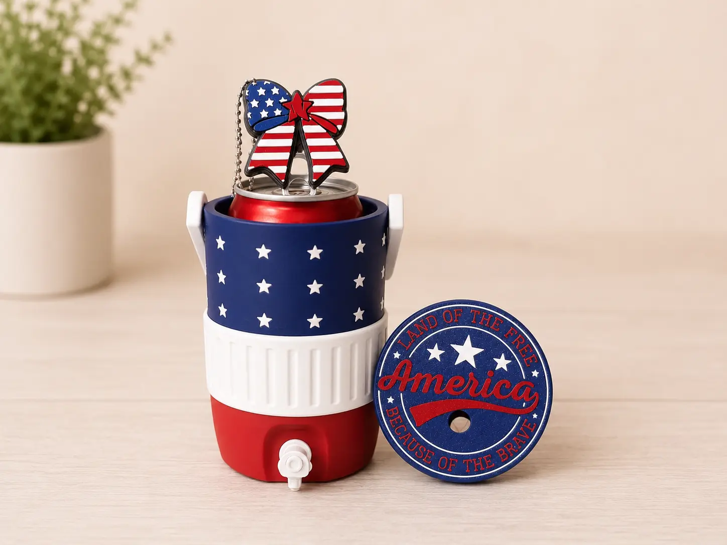 Patriotic Thick Sturdy Insulated Standard Can Cooler & Drink Holder Set with Bow Nail Saver, Americana Drinkware Accessories for US Pride, Ideal for Bbqs, Teacher Gifts, American Flag