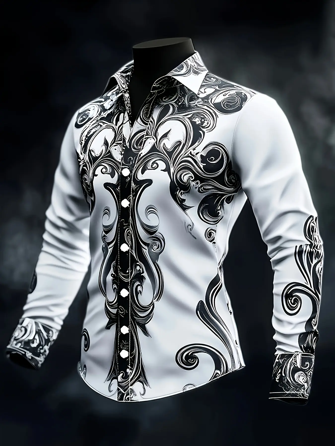 Men's Baroque Print Button Up Shirt - Menswear Tops, Fashion Casual Collared, Polyester Fabric, High-Quality Texture, Ideal for Gifting, Traveling, Personalized, Long Sleeve
