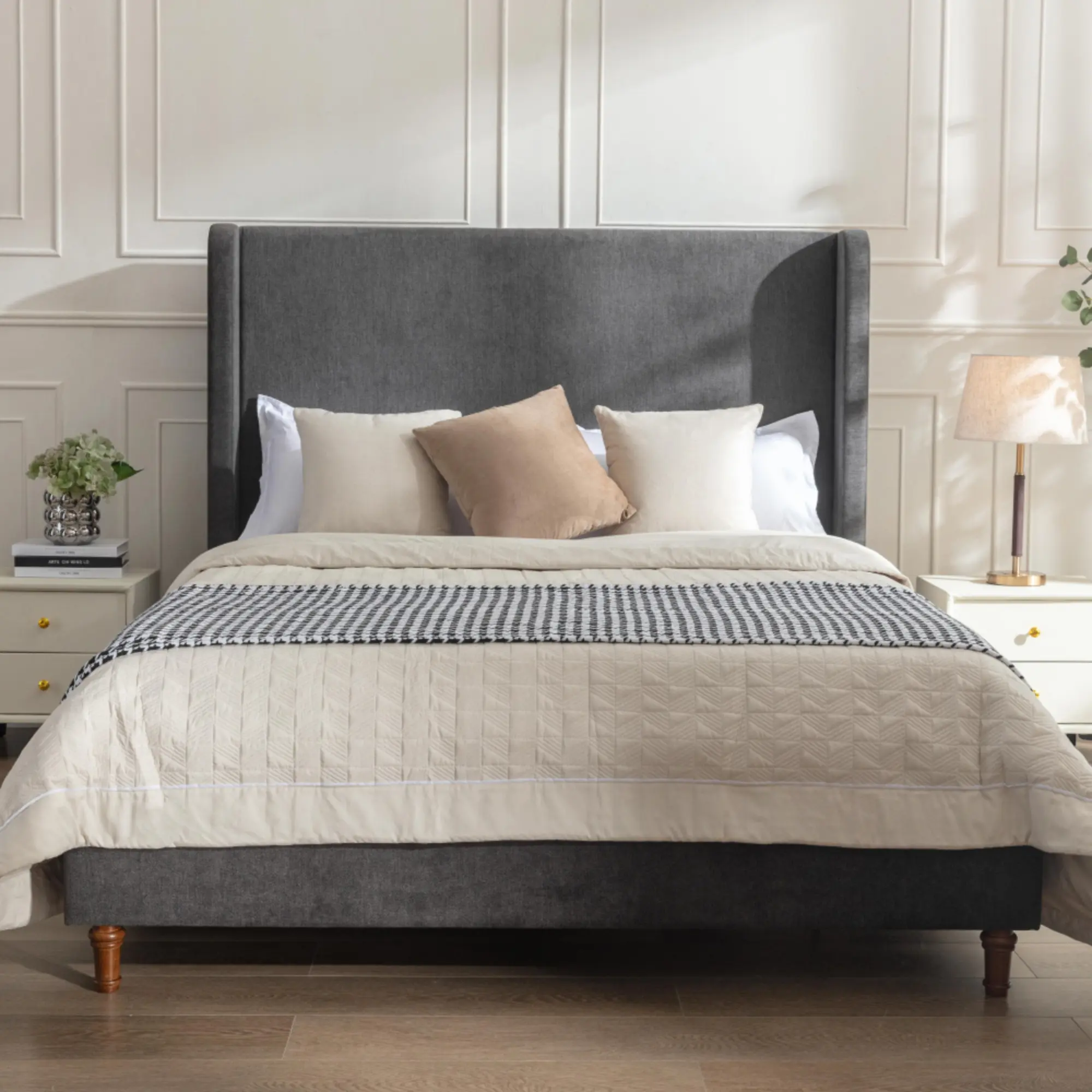 queen sized bunk beds Harper Tall Headboard Upholstered Bed / 54" High Headboard / Elegant Simplicity / No Box Spring Needed / Easy Assembly / Queen / Dark gray velvet