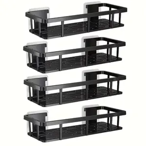 4PCS No Drill Wall Shelves Organizer with Hooks, Heavy Duty Plastic Storage for Bathroom Shower Kitchen, Adhesive Installation, Ideal for Toiletries Makeup Home Essentials