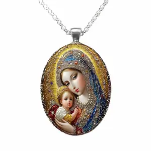 Elegant Virgin Mary Oval Glass Pendant Necklace, Vintage Religious Jewelry, Platinum Plated Chain, Perfect Gift for Mother's Day