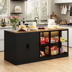 FUFU&GAGA Large Stationary Kitchen Island with Glass Doors, 77.6” Kitchen Table Cabinet, 3 Drawers, Black and Brown Apartment Furniture Cupboard Adjustable Modern Design Led Tv Stand Dresser