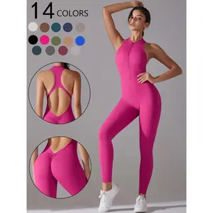 Women's solid color backless sports jumpsuit, casual and comfortable breathable sleeveless jumpsuit, suitable for yoga gym exercise, all season women's sportswear, fitness gym clothing, and comfortable sports jumpsuitRAIMENTRY