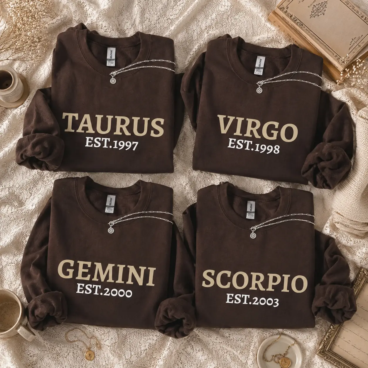 Women's Custom Zodiac Brown Crewneck Sweatshirt, Personalized Birth Year Astrology Pullover, Taurus Virgo Gemini Scorpio Design, Optional EST Label, Birthday Gift for Her or Him - Tiffany Graphic Tee
