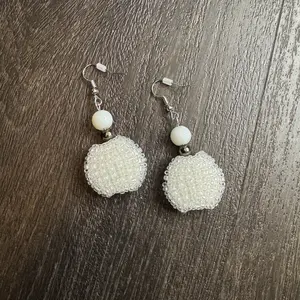 White Beaded Earrings - Simple Design with White Beads and Circular Bead Accent
