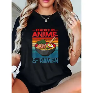 Women's Black T-Shirt with Anime & Ramen Graphic | "Powered by Anime & Ramen" Ramen Bowl (Chopsticks, Egg, Meat, Seaweed) Design | Casual Streetwear for Anime Fans, Ramen Lovers, Daily/Convention Wear, Teens & Adults 100% Cotton T-shirt