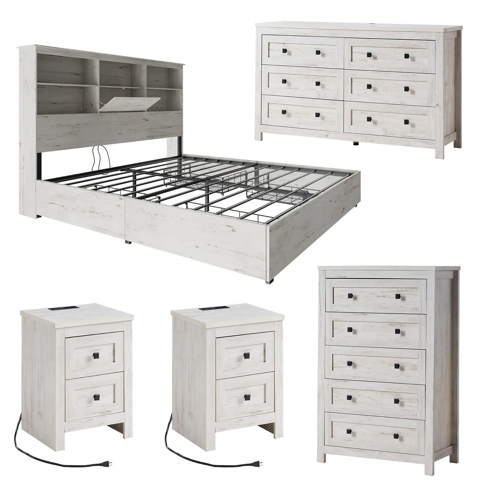 【Ships in 4 Boxes】AMERLIFE 5-Piece Bedroom Set, 1 X Bed Frame, 1 X 5 Drawer Dresser, 1 X Wood Rustic 6 Drawer Storage Dresser, Nightstand Set of 2 with Charging Station, Farmhouse Bedroom Furniture