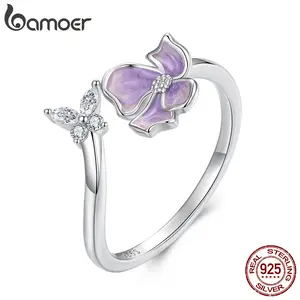 925 Sterling Silver Enamel Purple Flower Open Ring Adjustable Butterfly CZ Ring for Women Teens Romantic Spring Gift