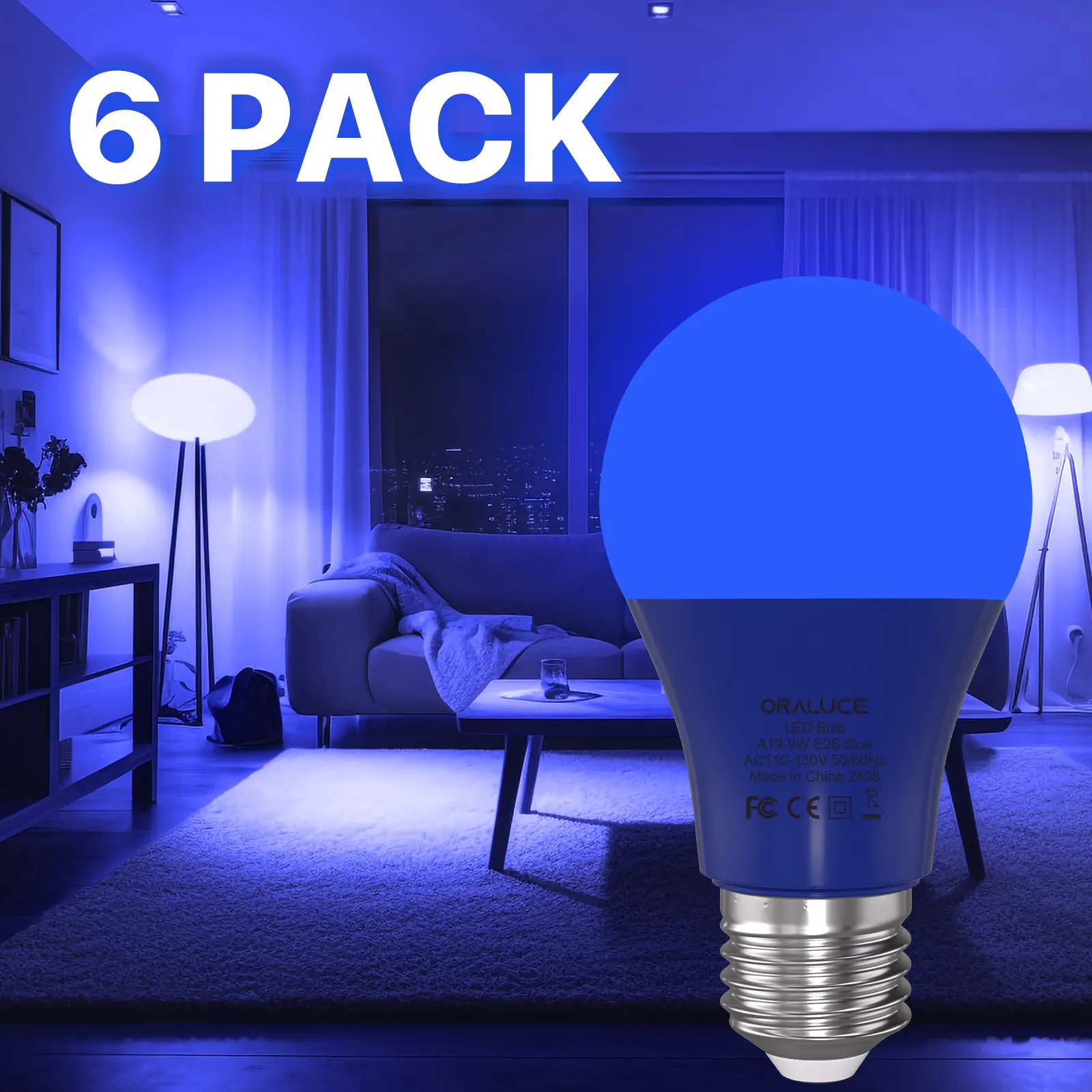 Blue LED Light Bulb Indoor Outdoor, A19 Colored Bulb, Colorful E26 Lamp Bulb 60W Equivalent Non-Dimmable, for Bedroom, Lamps, Patio, Halloween, Christmas, Party, Holiday, 6 Pack