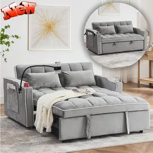 55.5" Convertible Sleeper Sofa with Pull Out Bed, 3-in-1 Loveseat Sofa with USB Ports, 2 Cup Holders & Storage Pockets, Velvet Sleeper Sofa Bed with Adjustable Backrest, Grey