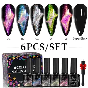 6 Piece 7.5ML Super Black+Starlit Cat Eye Gel Set, Shining Galaxy Deep Space Series, Long-Lasting, Requires UV/LED Cure, Contains Magnet