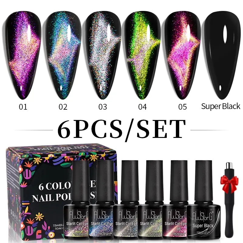 6 Piece 7.5ML Super Black+Starlit Cat Eye Gel Set Nail Polish, Shining Galaxy Deep Space Series, Long-Lasting, Requires UV/LED Cure, Contains Magnet, Nail Products, Nail Supplies