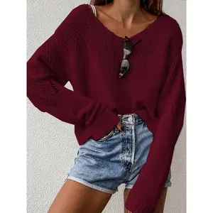 Women’s loose off-shoulder knit sweater for autumn and winter, casual and fashionable long-sleeve pullover, warm and comfortable for everyday wear