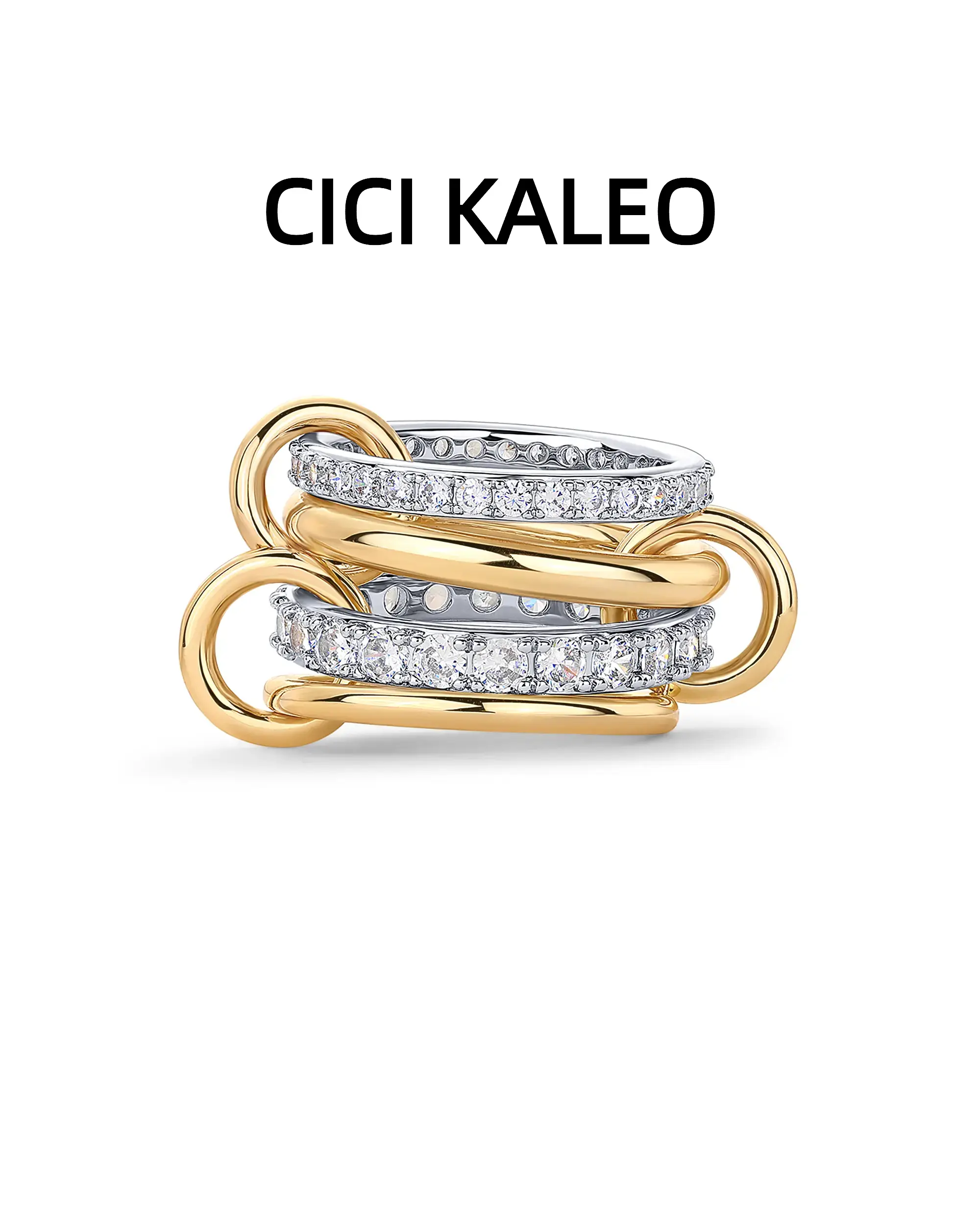 CICIKALEO S925 Sliver Plated Interlocked Stackable Statement Ring for Women – Chunky Multi-Band Four & Triple Ring, Two-Tone Mixed Metals with Cubic Zirconia