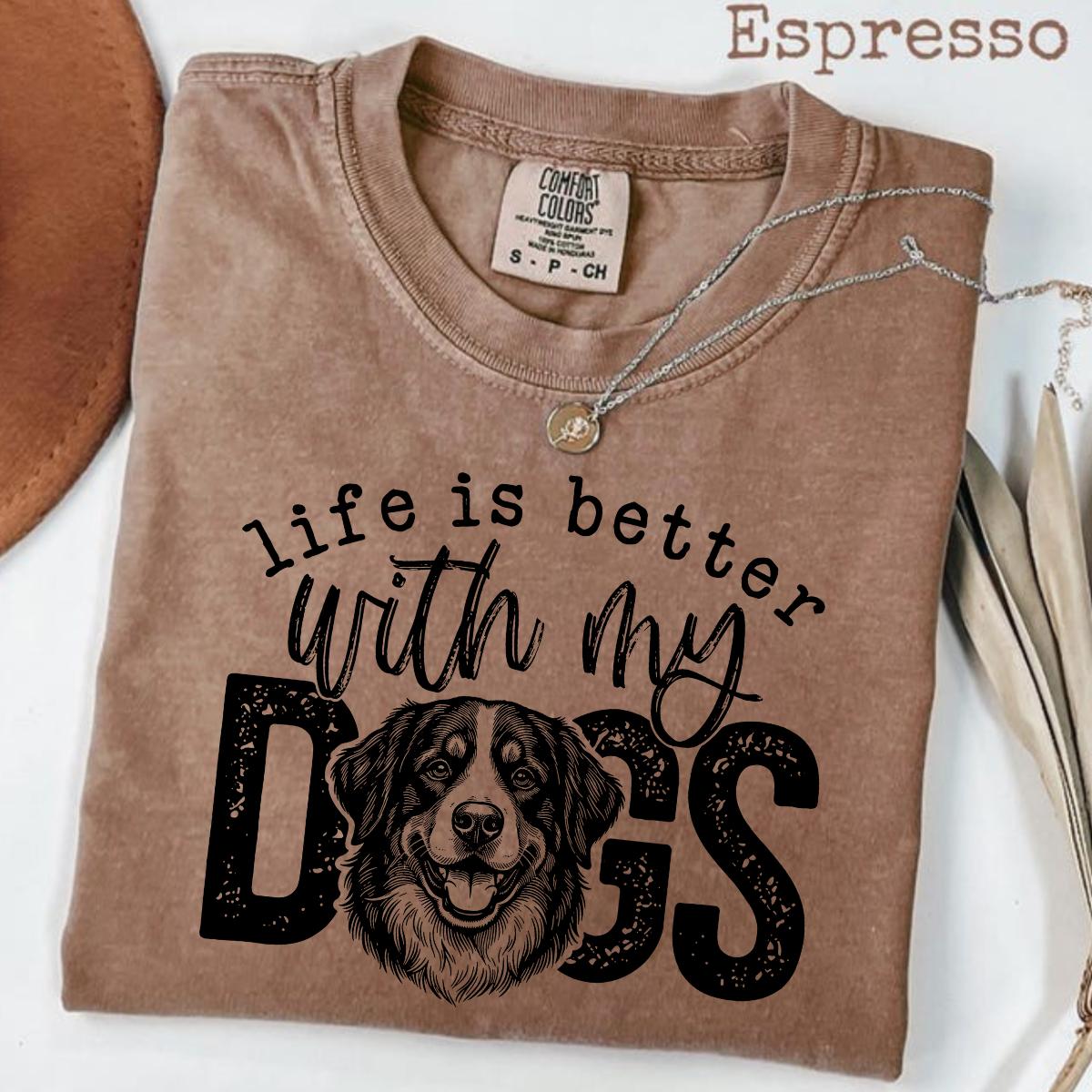 Comfort Color Dog Mom T-Shirt- White 50+ Breeds, Life Is Better With My Dogs Tee, Bernese Mountain Dog Yorkie Pug Shirt, Cute Pet Lover Gift