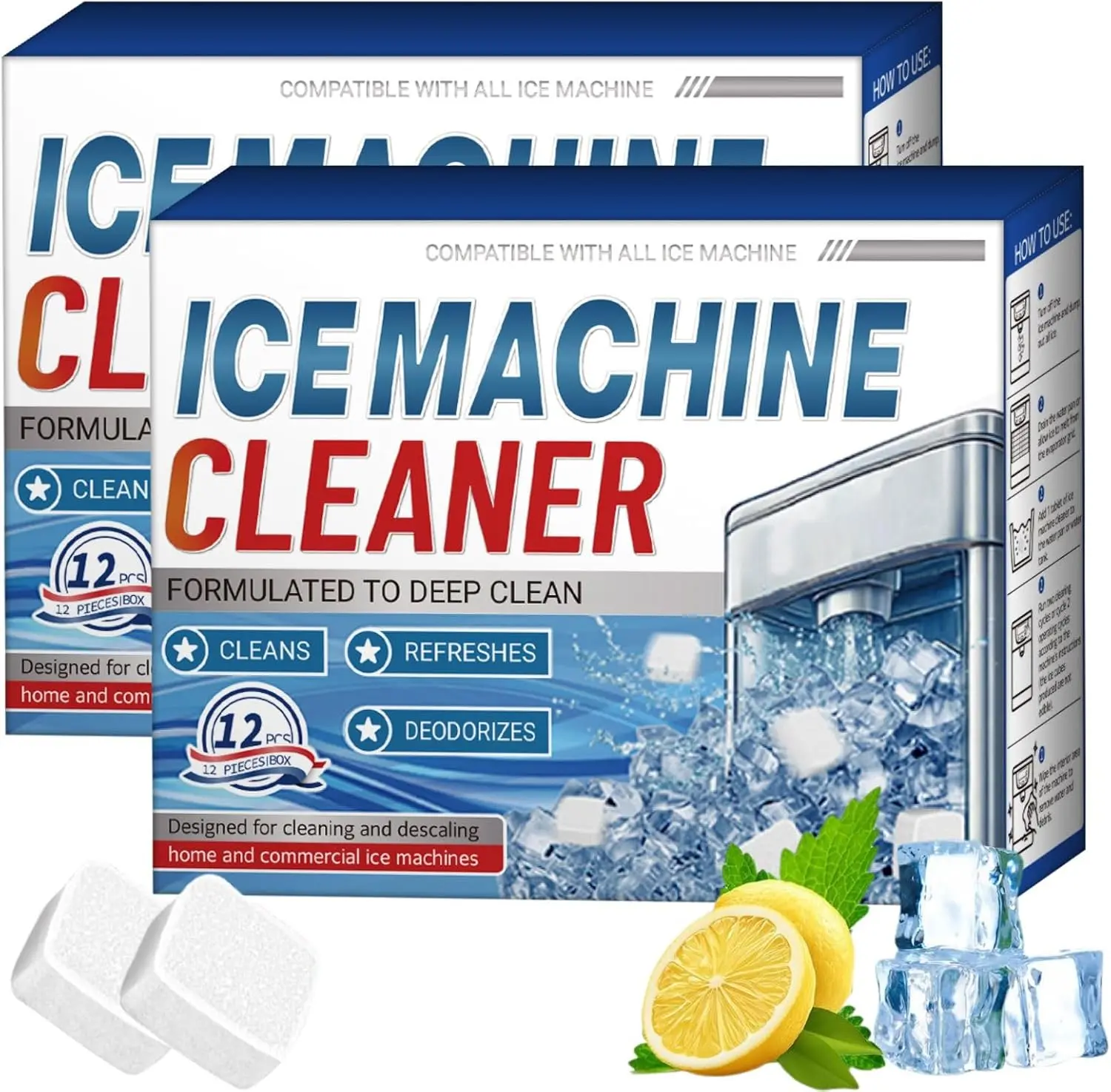 2PCS ICE MACHINE CLEANER, 24 Ice Maker Cleaner Tablets, Hard Water Mineral Buildup Clean Tablets Ice Makers, Nickel Safe Scale Remover for All Ice Machines