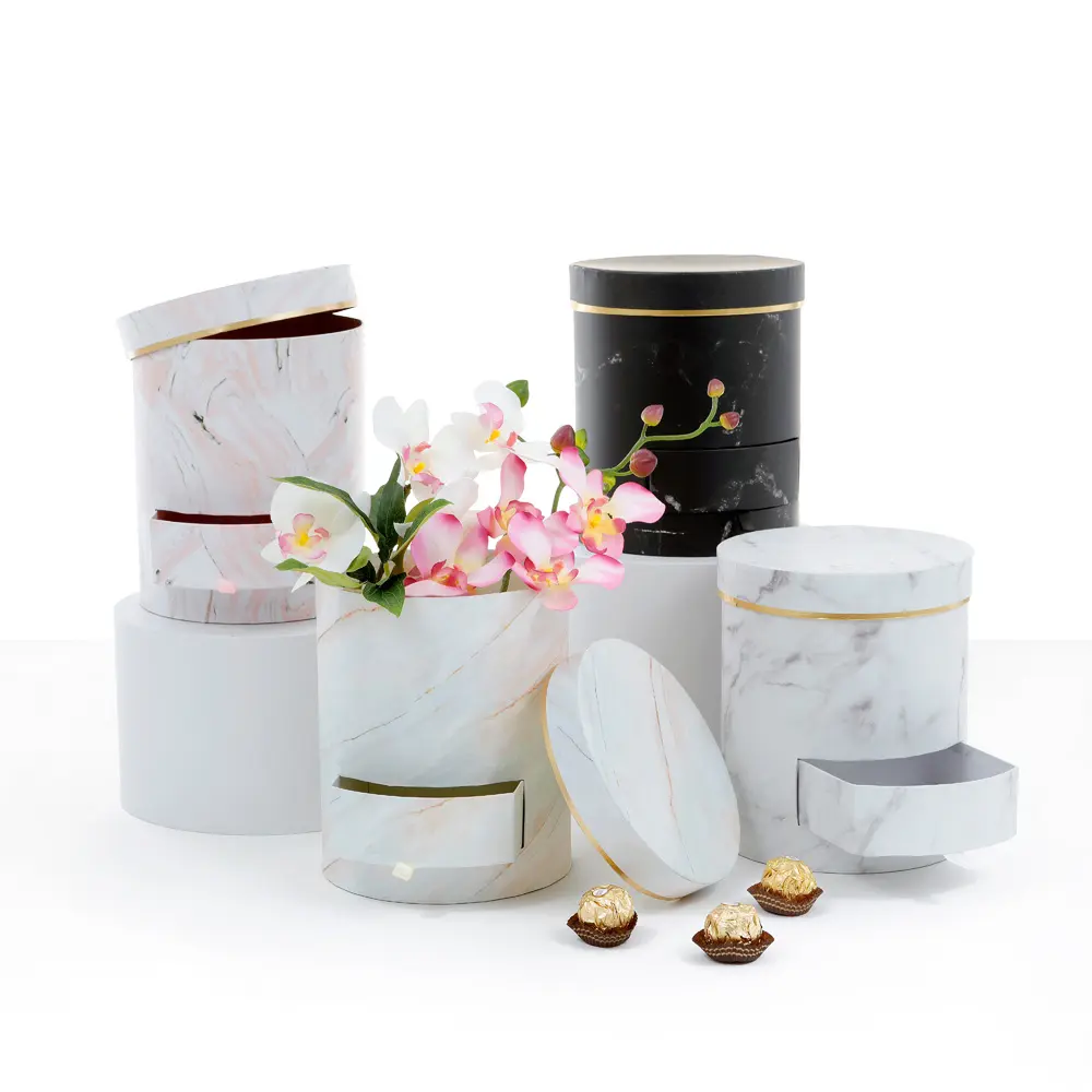 Round Shaped Flower Gift Box, with Tray, Size 6.7" dia x 7.9", Marble Design | W674