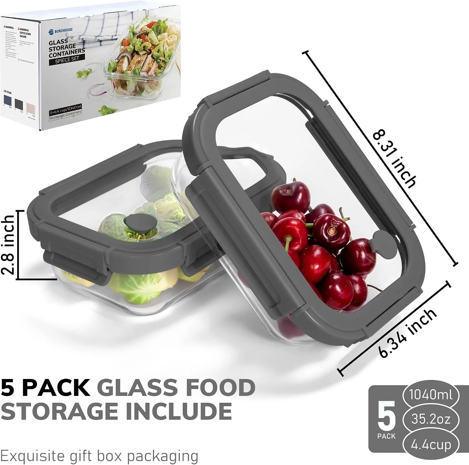 5-Pack Borosilicate Glass Containers with Tempered Glass Lids, 35.2oz/4.4 Cup Airtight Meal Prep Set, Microwave/Freezer Safe (Gray)