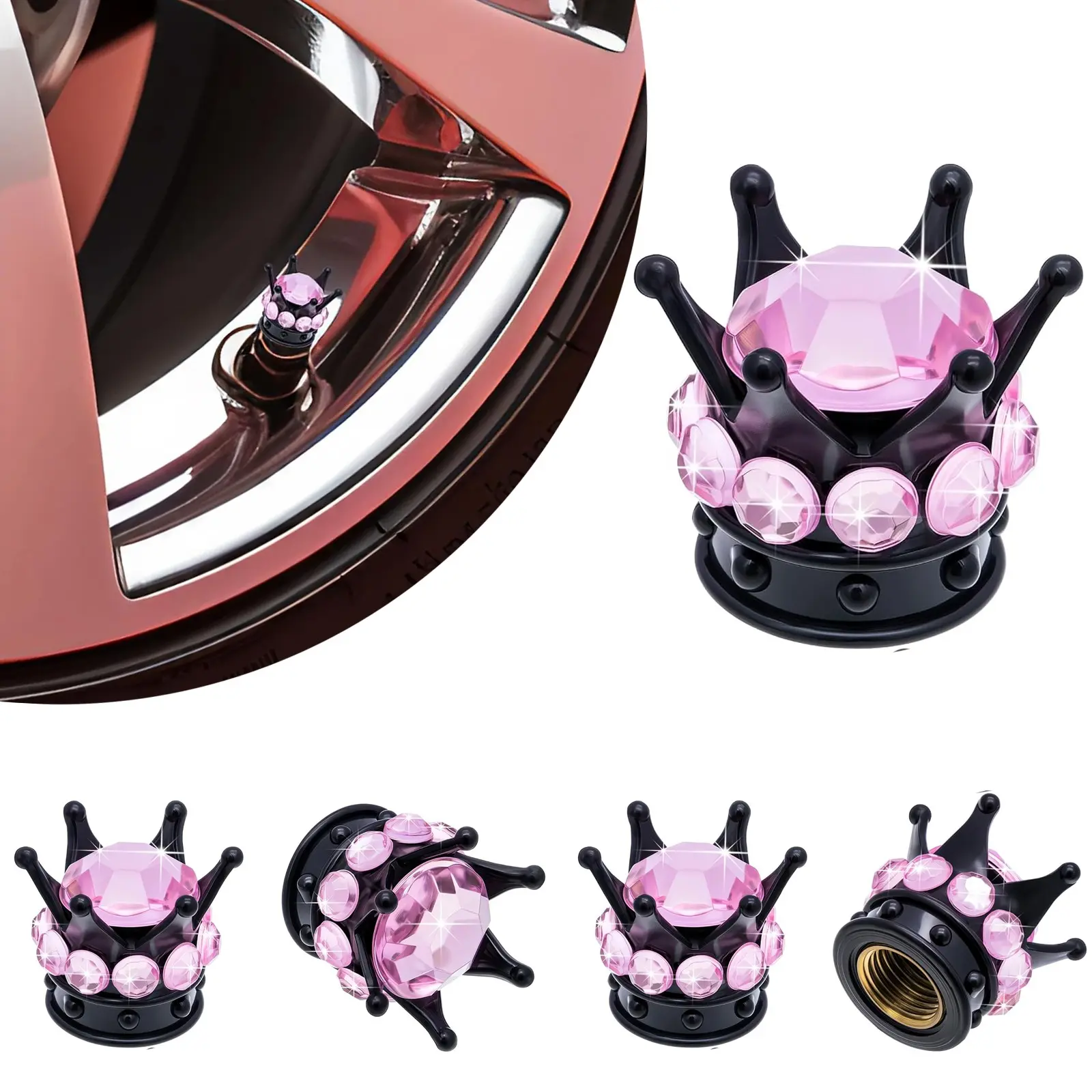 5-Pack Crown Tire Valve Caps, Shiny Crystal Shape, Universal Chrome Vehicle, Durable Abs Plastic, Easy Install, Perfect Gift for Car Enthusiasts