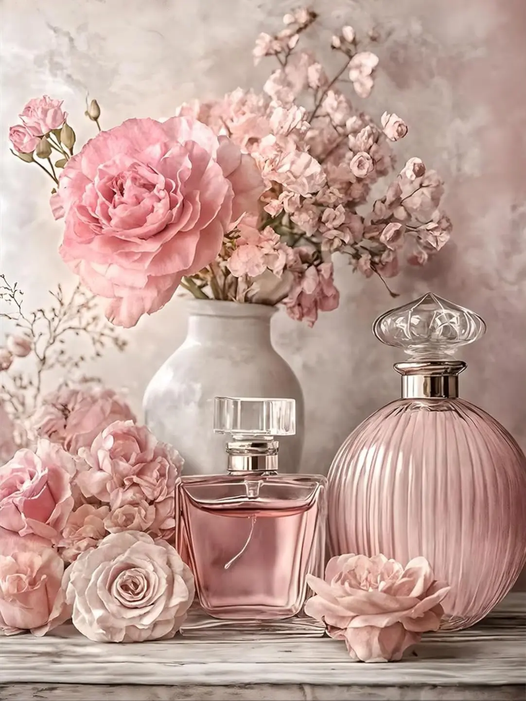 5D Diamond Painting Kit Pink Rose Flower Perfume Bottle Vase Vintage Floral Still Life Crystal Rhinestone Wall Art Bedroom Decor Gift