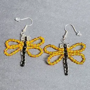 Handmade Beaded Dragonfly Earrings with Yellow Orange Wings Unique Design Beadwork Jewelry