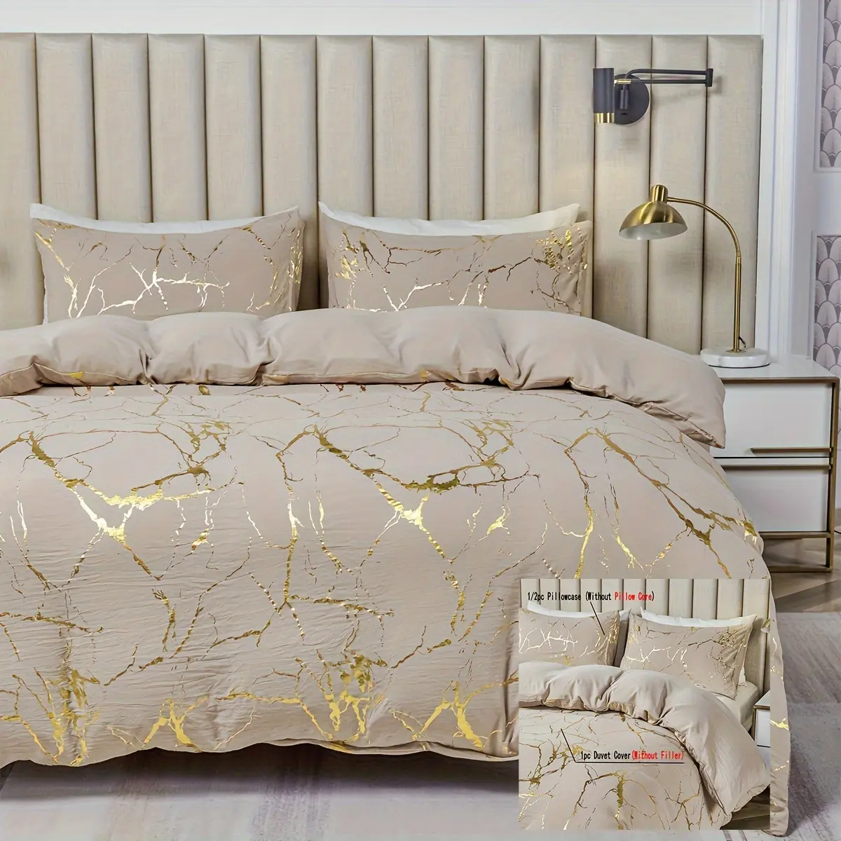 3-Piece American Country Style Polyester Marble Print Gold Foil Ultra-Fine Fiber Duvet Cover Set - Bedroom Bedding Set with 1 Duvet Cover, 2 Pillowcases, Fits Queen (90in*90in)/King (102in*90in) Sizes