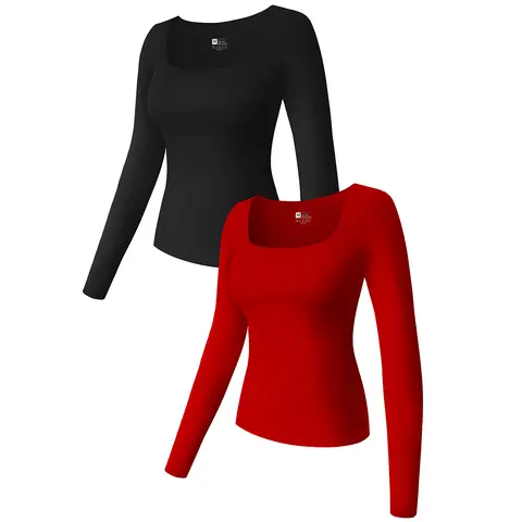 HYZ Women's 2 Piece Basic Long Sleeve Square Neck Workout High Stretchy Slim Fit Tunic Tops tunic tops high stretchy