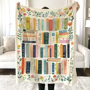 Vintage Library Blanket, Boho Wildflowers Bookish Quilt, Cottagecore Flower Throw Blanket, Retro Aesthetic Gift for Book Lovers, Readers, Librarians and Teachers, Unisex Soft Flannel Blanket, Warm Cozy Home Decor, Perfect Summer Vibes Gift for Men Women