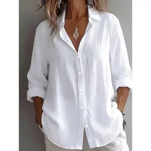 Women's Elegant Linen Blouse - V-Neck, Loose Comfy Drapey Fabric Top, Long Sleeves Shirt for Vacation & Daily Casual Wear (Jacket-Style Silhouette Accent)