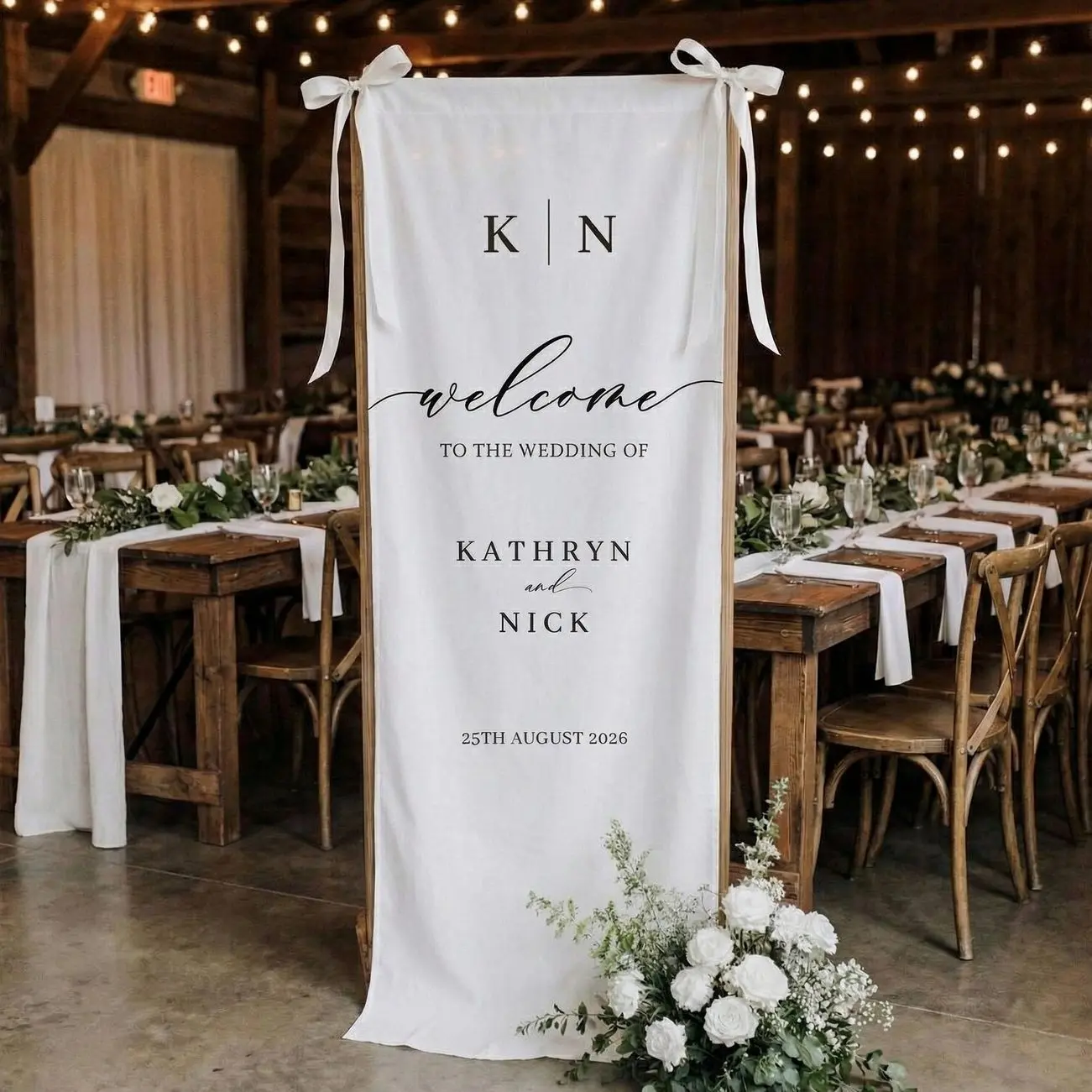 Custom Wedding Welcome Sign | Vertical Fabric Wedding Banner | Personalized Names & Date Backdrop | Rustic Outdoor Ceremony Decor