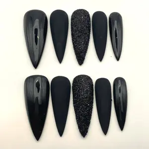All Black Press On Nails: Glossy & Matte Handmade Acrylic Nails, Reusable Full Cover Fake Nails for Women