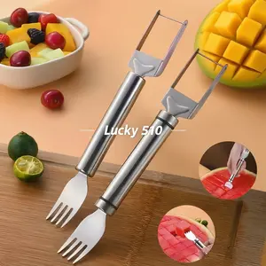 Watermelon Fork Slicer Cutter, 2PACK  Stainless Steel 2-in-1 Watermelon Cutter, Portable Watermelon Fork Watermelon Cutter Slicer Tool Fruit Forks Slicer for Home Party Camping Kitchen Gadget