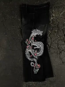 Dragon Jeans Black Oversized Baggy Fit 100% Cotton Denim Stone Wash with Bleach Splatters Custom Embroidery & Metal Button