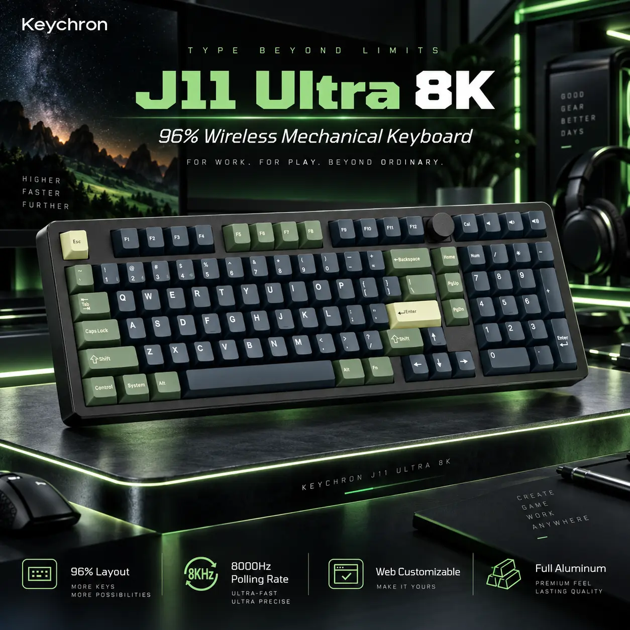 Keychron J11 Ultra 8K Wireless Mechanical Gaming Keyboard - Full Aluminum, 96% Layout, 5 Hot-Swappable Switch Options, RGB Backlit, Bluetooth/2.4GHz/USB-C, Numpad & Knob, Web Customizable for Work & Play, Gaming Keyboards,techvibes